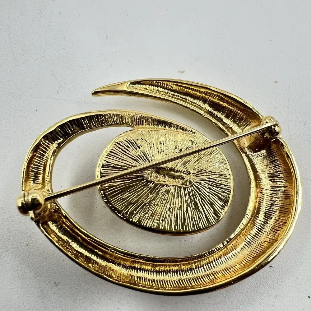 Monet 90s Space Age Atomic Spiral Faux Pearl Gold Tone Pin Brooch Vintage Signed